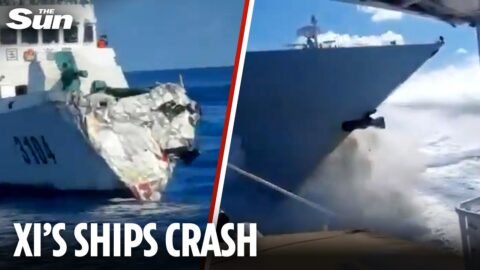 Moment Chinese ships CRASH while tailing Filipino boat in South China Sea